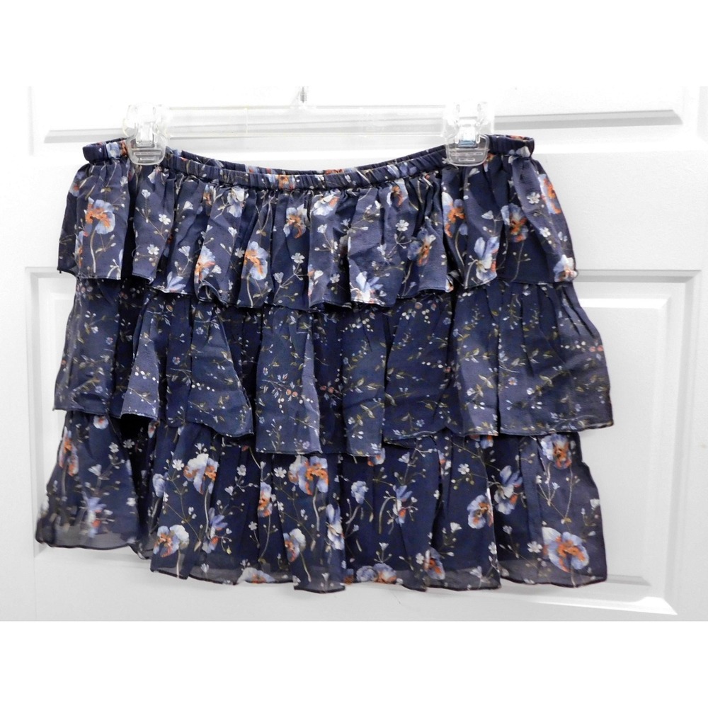 Ulla Johnson Navy Blue‎ Silk Floral Print Pull On Tiered Mini Skirt Size 0